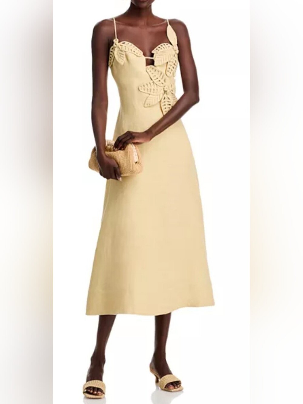 FARM Rio Olive/Sand Color Flower A-Line Linen Midi Dress - Picture 10 of 11